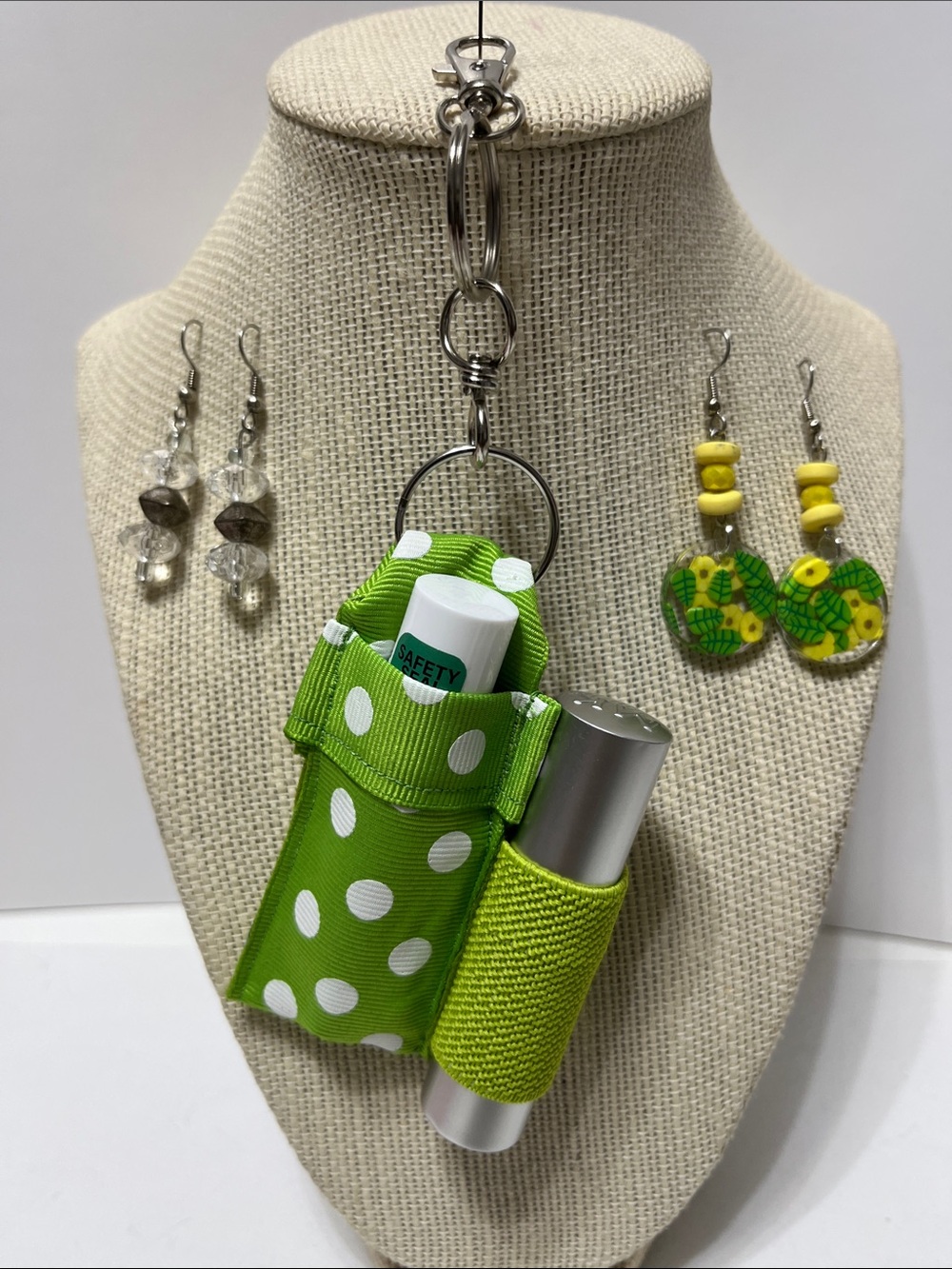 Gift Set Lime Green Polka Dot Lip Balm& Holder Keychain Purse Charm 2 pr earring